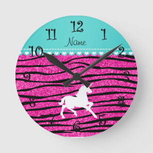 Naam witte eenhoorn hete roze glitter zebra strepe ronde klok