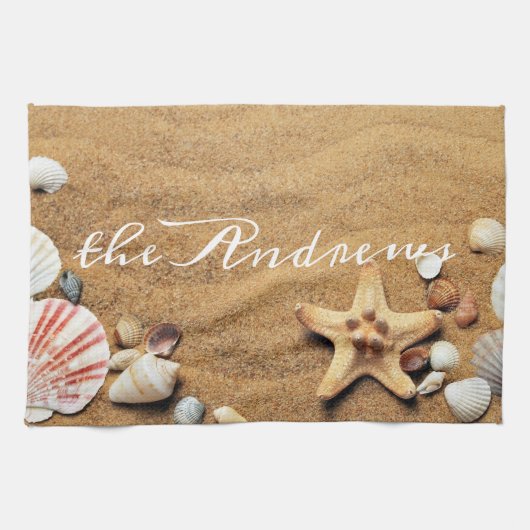 Naam zeeschells Sand Ocean Calligraphy Theedoek (Horizontaal)