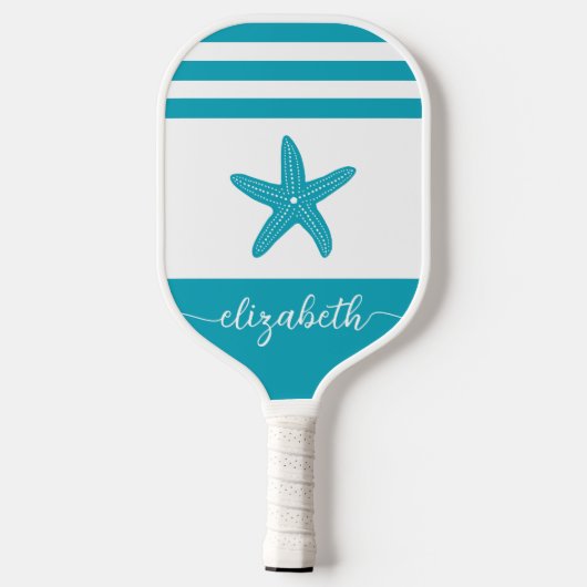  naam zeesterkreeft turquoise blauw kuststrand pickleball paddle (Achterkant)