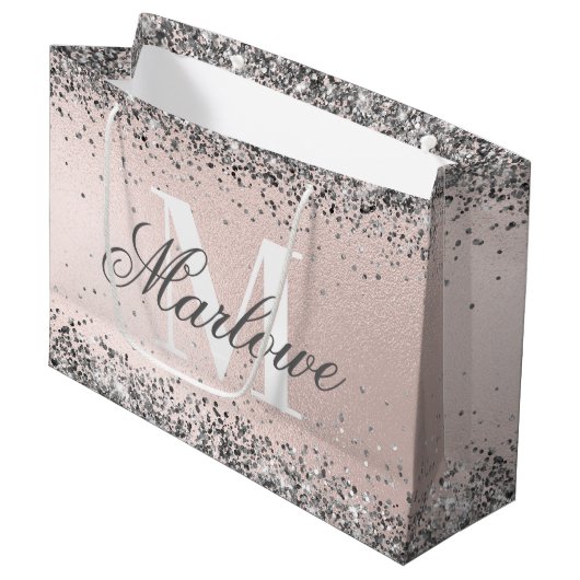 Naam Zilver Glitter Blush Roze Aangepast Monogram Groot Cadeauzakje (Voorkant Gekanteld)