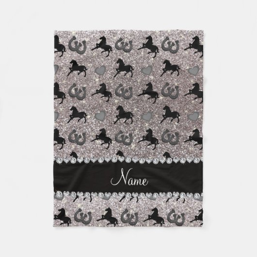 Naam zilveren glitterpaarden harten hoefijzer fleece deken (Voorkant)