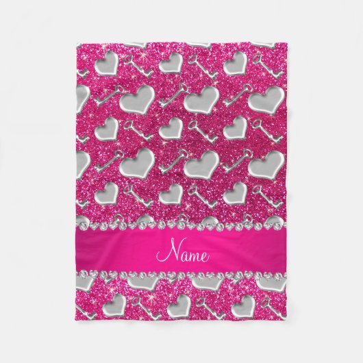 Naam zilveren hartensleutels neon hot roze glitter fleece deken (Voorkant)