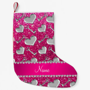 Naam zilveren hartensleutels neon hot roze glitter kleine kerstsok