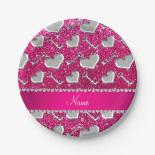 Naam zilveren hartensleutels neon hot roze glitter papieren bordje