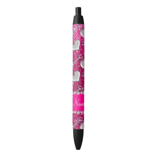 Naam zilveren hartensleutels neon hot roze glitter zwarte inkt pen (Voorkant Verticaal)
