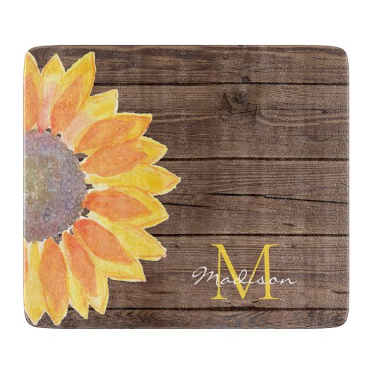 Naam zonnebloem Barn Wood monogram Snijplank (Voorkant)