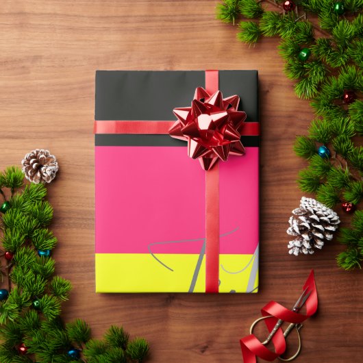 Naam zwart en neonkleurblok Stripe monogram Cadeaupapier (Feestdagen Geschenken)