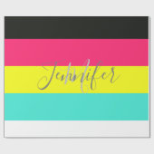 Naam zwart en neonkleurblok Stripe monogram Cadeaupapier (Vlak)