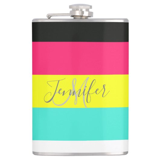 Naam zwart en neonkleurblok Stripe monogram Heupfles (Voorkant)