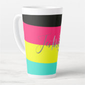Naam zwart en neonkleurblok Stripe monogram Latte Mok (Linkerhoek)