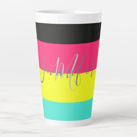 Naam zwart en neonkleurblok Stripe monogram Latte Mok (Voorkant)