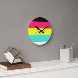 Naam zwart en neonkleurblok Stripe monogram Ronde Klok