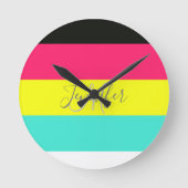 Naam zwart en neonkleurblok Stripe monogram Ronde Klok (Voorkant)