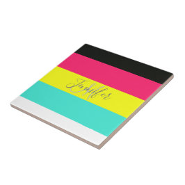 Naam zwart en neonkleurblok Stripe monogram Tegeltje