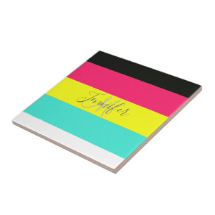 Naam zwart en neonkleurblok Stripe monogram Tegeltje