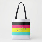 Naam zwart en neonkleurblok Stripe monogram Tote Bag (Voorkant)