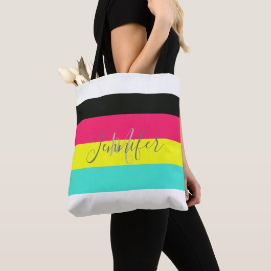 Naam zwart en neonkleurblok Stripe monogram Tote Bag (Dichtbij)