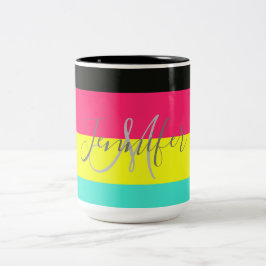 Naam zwart en neonkleurblok Stripe monogram Tweekleurige Koffiemok