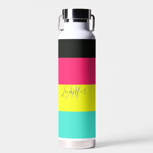 Naam zwart en neonkleurblok Stripe monogram Waterfles (Voorkant)