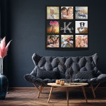 Naam zwart fotocollage monogram imitatie canvas print<br><div class="desc">Een collage van 8 van je foto's. Voeg afbeeldingen van familie,  vrienden,  huisdieren,  hobbies of droomreisbestemming toe. Pas een naam aan en voeg deze toe,  uw monogram initiaal. Witte en grijze gekleurde letters. Een zwarte achtergrond.</div>