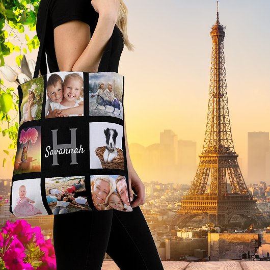 Naam zwart fotocollage monogram tote bag