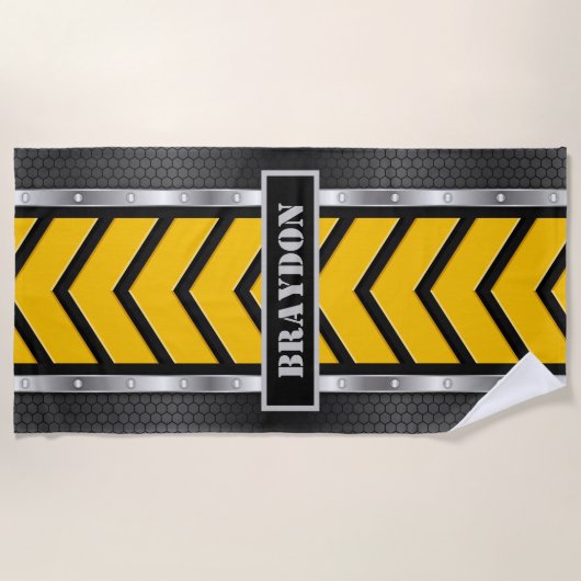 Naam zwart-gele zilvermetalen opzoeken en pijlen t strandlaken (Voorkant)