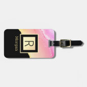 Naam & zwart monogram & gouddoos Roze & Gold Agate Bagagelabel (Voorkant horizontaal)