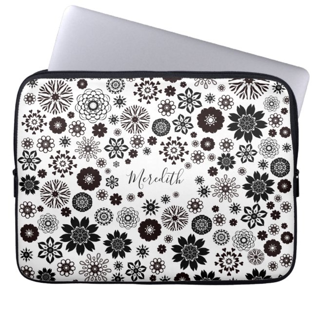  naam Zwart-wit Floral Patroon Laptop Sleeve (Voorkant)