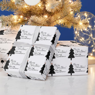Naam zwarte en witte kerstboom cadeaupapier