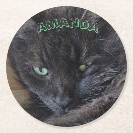 Naam zwarte kat ronde kartonnen onderzetter (Voorkant)