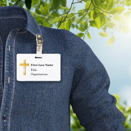 Naambadge met christelijk gouden kruis badge