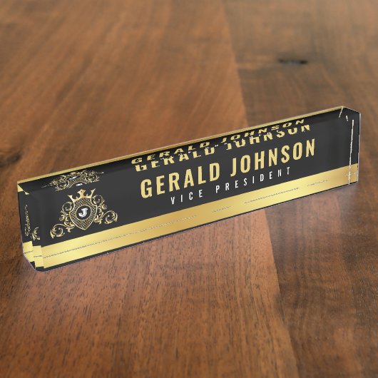 Naambordje voor bureau met monogram in goud-zwart (Zijkant)