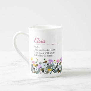 Naamdefinitie met zoete wilde bloemenrand porselein kop
