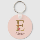 Naamletter E Goud Folie Roze Rozen Sleutelhanger (Voorkant)