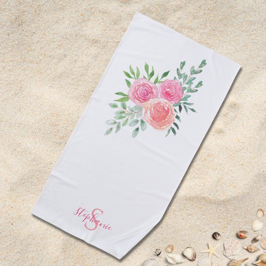 Naammonogram Roze Bloemen Strandlaken