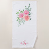 Naammonogram Roze Bloemen Strandlaken (Voorkant)