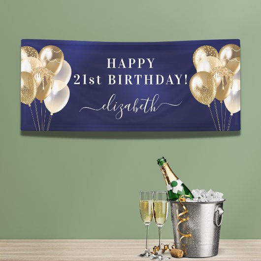 Naamschrift van Birthday marvy blue gouballonnen Spandoek