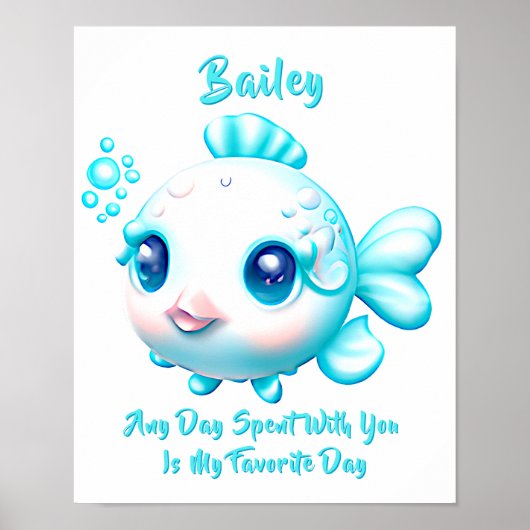 Naamtekst toevoegen, Baby Aqua Blauwe Vis Nursery Poster (Voorkant)