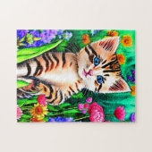 Naamtekst toevoegen, Kat Kitten met Bloemen in de  Legpuzzel (Horizontaal)