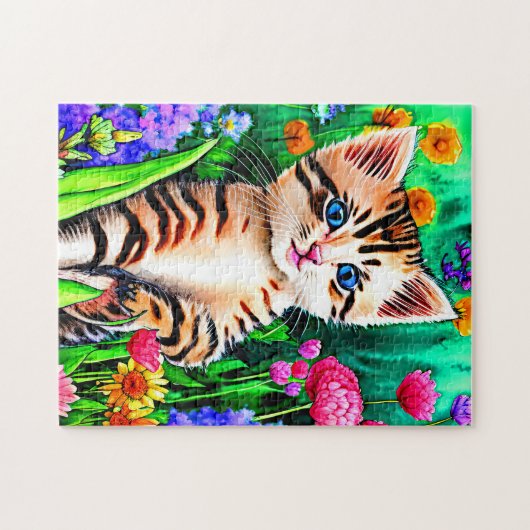 Naamtekst toevoegen, Kat Kitten met Bloemen in de  Legpuzzel (Horizontaal)