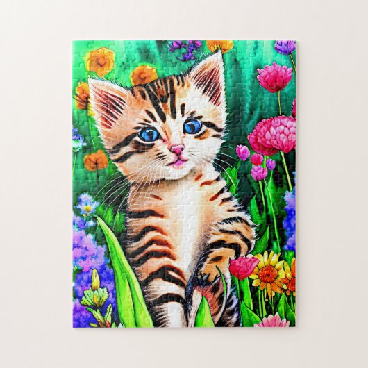Naamtekst toevoegen, Kat Kitten met Bloemen in de Legpuzzel (Verticaal)