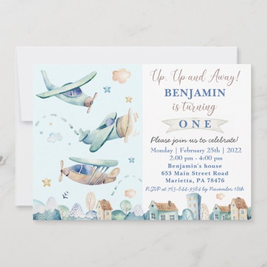 Naar boven en weg | Uitnodiging voor een  vliegtui (Voorkant)