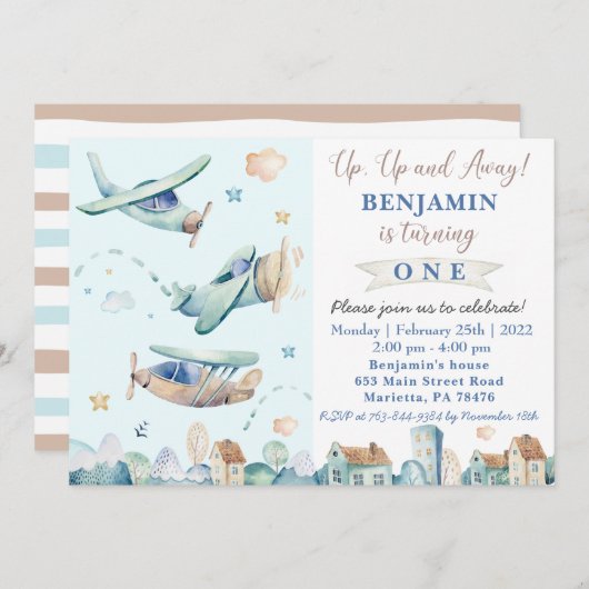 Naar boven en weg | Uitnodiging voor een  vliegtui (Voorkant / Achterkant)