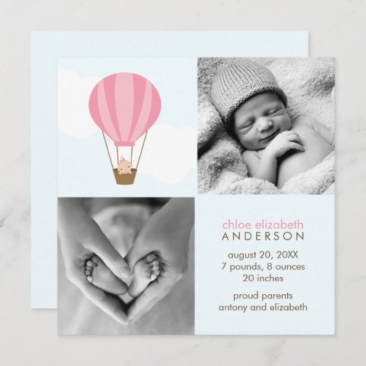 Naar boven, naar boven en weg! Baby roze ballon Aankondiging (Voorkant / Achterkant)