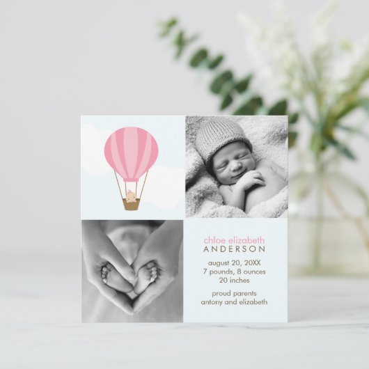 Naar boven, naar boven en weg! Baby roze ballon Aankondiging (Staand voorkant)