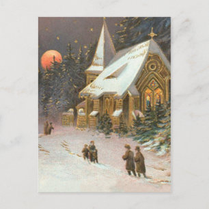 Naar de kerstboom kerk sneeuw maan sterren briefkaart