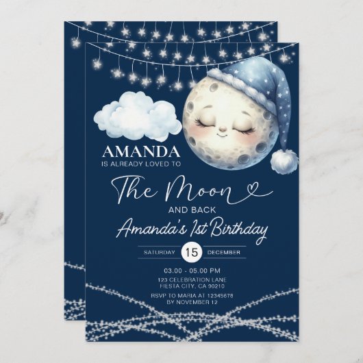 Naar de maan en terug 1e verjaardag String Lights Kaart (Voorkant / Achterkant)