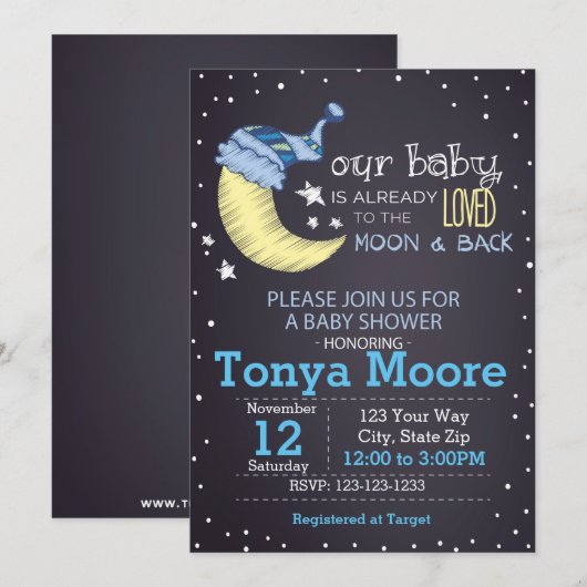 Naar de Maan en Terug Baby shower Uitnodiging (Voorkant / Achterkant)