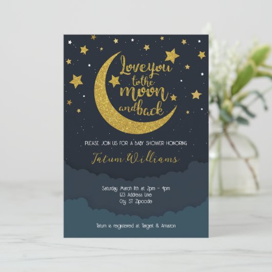 Naar de uitnodiging voor het Baby shower Moon & Ba (Staand voorkant)