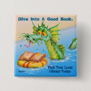Naar een goed boek duiken. vierkante button 5,1 cm